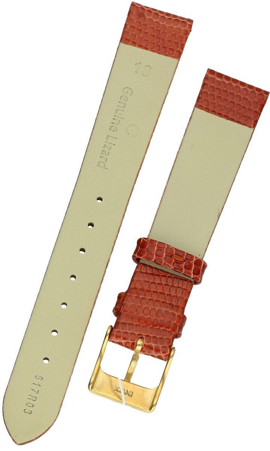 Brązowy pasek do zegarka z naturalnej skóry jaszczurki, model 01766070-1-16. Szerokość mocowania 16 mm, długość 85115 mm, stalowa sprzączka w złotym kolorze.1.jpg